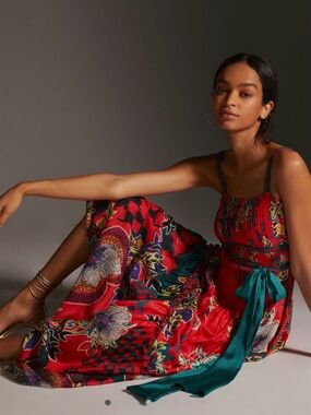 Bhanuni by Jyoti, Anthropologie Pleated Red Floral Sundress with Teal Sash M